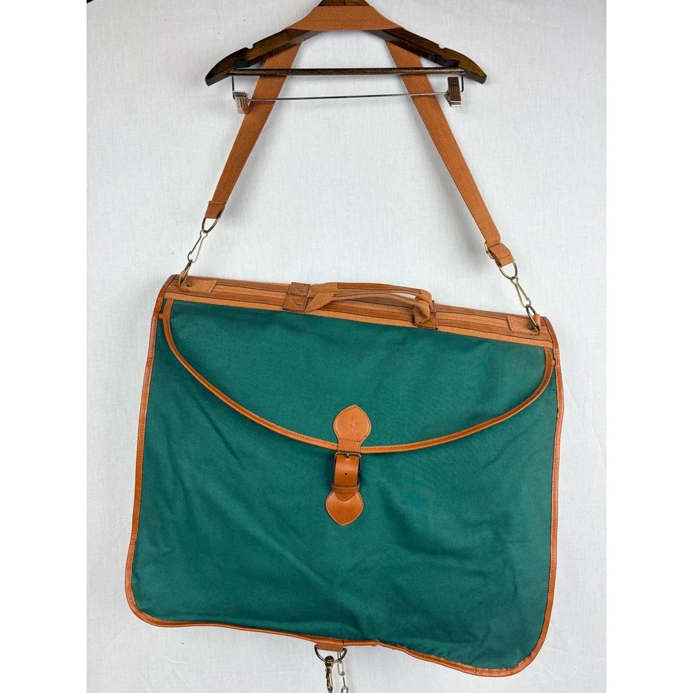 Ralph Lauren Vintage Green Canvas Leather Trim Garment Travel Bag Suit Cover